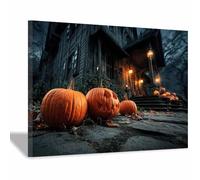 XENIOU halloween prints wall art Haunted House & Jack - O' - Lanterns Canvas Wall Art, artwork for Bedroom Living Room Bathroom Office Home Decoration(orange)-70x100cm Framed