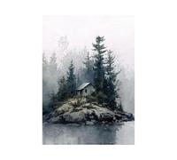 XENIOU Landscape Poster Forest cabin by the river artwork, wall decoration Living Room Bedroom Hallway Stairs Decoration(black)-40x60cm Unframed