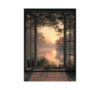 XENIOU Landscape Poster Forest lake outside the window pictures, print canvas poster decor for living room, bathroom canvas art, for Bedroom Home Decoration.(black)-60x90cm Unframed
