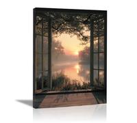 XENIOU Landscape Poster Forest lake outside the window pictures, print canvas poster decor for living room, bathroom canvas art, for Bedroom Home Decoration.(black)-20x30cm Framed