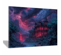 XENIOU retro halloween decor Haunted House, Lightning & Forests prints for walls, decorative paintings for Living Room Bedroom Home Decoration(blue)-40x60cm Framed