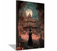XENIOU retro halloween decor Witch & Haunted House, Full Moon prints for walls, decorative paintings for Living Room Bedroom Home Decoration(blue)-40x60cm Framed