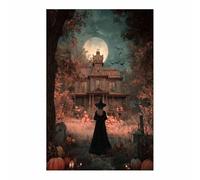 XENIOU retro halloween decor Witch & Haunted House, Full Moon prints for walls, decorative paintings for Living Room Bedroom Home Decoration(blue)-60x90cm Unframed