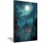 XENIOU retro halloween Haunted House, big Moon, Spooky Forests prints for walls, canvas wall art for Living Room Bedroom Bathroom Home Office Wall Decoration(ash)-70x100cm Framed