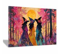 XENIOU retro halloween Witches by Moon in Enchanted Forests prints for walls, canvas wall art for Living Room Bedroom Bathroom Home Office Wall Decoration(orange)-40x60cm Framed