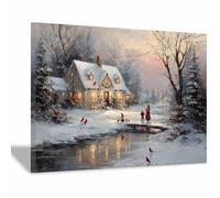XENIOU Vintage Christmas wall art snows House Cardinals parent-child painting modern canvas wall art, decorative paintings, canvas painting wall art for Home Decor.(Multicolor)-70x100cm Framed