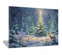 XENIOU Vintage Christmas wall art Starlight fawn in the forests canvas pictures for wall, for Bedroom Kitchen Living Room Home Decor.(Multicolor)-60x90cm Framed