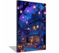 XENIOU vintage halloween decorations Halloween Town Night Canvas Wall Art, artwork for Bedroom Living Room Bathroom Office Home Decoration(purple)-40x60cm Framed