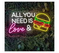 XENITE Hanging Art Neon Signs All You Need is Love & Burger Neon Sign, Hamburger Neon Light for Fast Food Restaurant Wall Decor 24.5cmx50cm