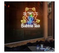 XENITE Hanging Art Neon Signs Lucky Cat Bubble Tea Neon Sign with Adjustable Brightness Suitable for Cake Shop Atmosphere Decor 56cmx58cm(A)