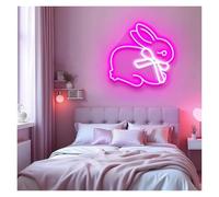 XENITE Hanging Art Neon Signs Rabbit with Bow Neon Lights Adjustable Brightness Suitable for Studio Kids Room Wall Decor 38cmx38cm(C)