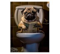 XENITE Wall Art Canvas Prints Funny French Bulldog Pug Dog Sit On Toilet Read Newspaper Poster Canvas Painting Print Animal Wall Art(D,40x50cm)