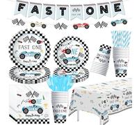 Xenorik Race Car 1st Birthday Party Decorations Boy, Blue Racing Car Theme Fast One Birthday Decorations Supplies, Paper Plate, Napkin, Cup, Tablecloth, Fast One Banner, Tablecloth, Cutlery, Serves 24