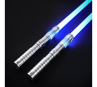XenoSaber 2 in 1 Dueling Light Saber Double-Bladed Light Sword Set, 4 Sound Fonts 12 RGB Colors 2 Pack Plastic Dueling Light Saber Toy for Birthday, Halloween, Cosplay Parties, Xmas (Silver)