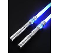 XenoSaber 2 in 1 Dueling Light Saber Double-Bladed Light Sword Set, 4 Sound Fonts 12 RGB Colors 2 Pack Plastic Dueling Light Saber Toy for Birthday, Halloween, Cosplay Parties, Xmas (Silver)