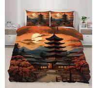 XEODIAT Autumn Landscape of Japan Bedding Five-Story Pagoda Duvet Cover Set with 2 Pillow Shams 3 Piece Single Size Japanese Architecture Bed Sets for Teens Kids Boys and Girls (220x230cm)