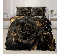 XEODIAT Black and Gold Rose Bedding Set, Rose Petals Soft and Comfortable Microfiber Duvet Cover, Romantic Plants Duvet Cover with Zipper + 1 Pillowcases (135x200cm)