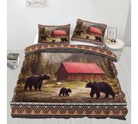 XEODIAT Cabin Rustic Duvet Cover Set Rustic Lodge Bedding Set Brown Bear and Trees Printed Bedding Quilt Cover for Bedding Decro, Ultra Soft Microfiber Hidden Zipper Bed Cover (200×200cm)