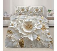 XEODIAT Embossed Flowers Comforter Cover Set Super King Size White Flowers Bedding Set Gold Leaf Pearls Bedding Duvet Cover Set Bedspread Cover 3Pcs