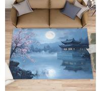 XEODIAT Ink-and-Wash Cherry Blossoms Area Rug, 140x200cm Moonlit Night Scene Machine Washable Floor Carpet, Lake and Ancient Buildings Soft and Plush Mats for Living Room Bedroom