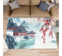 XEODIAT Ink Painting Area Rug, Pavilions and Towers Rug, Red Plum Blossoms Rugs for Bedroom,Washable Non Slip Low Pile Carpet, Home Decor 180x240cm