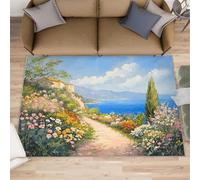 XEODIAT Mediterranean Landscape Area Rug, 140x200cm Romantic Oil Painting Machine Washable Floor Carpet, Rural Flowers Soft and Plush Mats for Living Room Bedroom