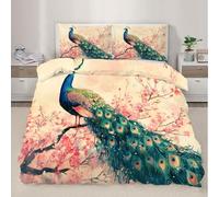 XEODIAT Peacock Duvet Cover Set Tropical Wildlifes Comforter Cover Pink Flowers 3 Piece Bedding Set with Pillowcase All Season Decor Quilt Cover with Zipper for Kids Adult Double Size
