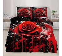XEODIAT Red Roses Bedding Set, Red Ink Splash Soft and Comfortable Microfiber Duvet Cover, Romantic Theme Duvet Cover with Zipper + 2 Pillowcases (220x230cm)