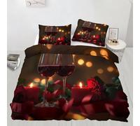 XEODIAT Red Wine King Duvet Set Rose Soft Microfiber Duvet Cover Set Candlelight Dinner Bedding Double Bed Set with 2 Pillowcases, Ultra Comfortable Quilt Cover with Zipper Closure