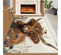 XEODIAT Vintage Highland Cow Area Rug Flower Highland Cow Rugs Non-Slip Floor Mat for Living Room Bedroom Dining Room Farmhouse Laundry Room Bathroom 60 x 110 cm