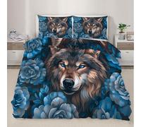 XEODIAT Wolf Double Bedding Sets Blue Rose Quilt Cover 3 Piece Animal Theme Duvet Cover Set and Pillowcases for Single Bed for Kids Girls Boys - Soft