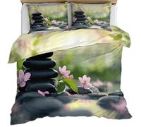 XEODIAT Zen-Like Stacked Stones Bedding Set 220x230cm,Pink Petals 3 Pieces Soft and Comfortable Microfiber Green Plants Duvet Cover Set, Bedding for Children and Adults