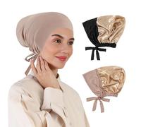 XEPST 2 PCS Satin Hijab Undercap for Women, Islamic Muslim Under Cap Modal Head Wraps Tie Back Bonnet Inner Scarf Turbans for Women Chemo Hat Sleep Cap, Black+Khaki