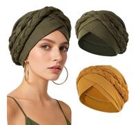 XEPST 2 Pieces African Turbans Pre-Tied Double Twisted Braid Head Wraps for Women, Head Scarf Hair Wraps Cover Cancer Cap Chemo Headwear for Women, Army Green & Ginger