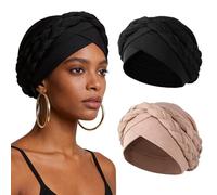 XEPST 2 Pieces African Turbans Pre-Tied Double Twisted Braid Head Wraps for Women, Head Scarf Hair Wraps Cover Cancer Cap Chemo Headwear for Women, Black & Pink