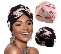 XEPST 2 Pieces Printed Turbans for Women, Soft Pre Tied Knot Turban Head Wraps Chemo Headwear Pleated Beanie Cap Sleep Hat Hair Loss Hat Chemo Cancer Cap for Ladies