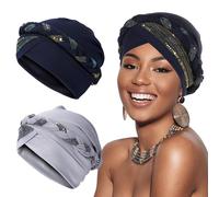 XEPST 2 Pieces Turbans for Women, Pre-tied Twisted Hat Braid Hair Covers, African Head Wraps for Black Women Cancer Hats Chemo Headwrap, navy blue and gray