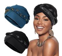 XEPST 2 Pieces Turbans for Women, Pre-tied Twisted Hat Braid Hair Covers, African Head Wraps for Black Women Cancer Hats Chemo Headwrap, black and blue