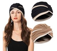 XEPST 2 Pieces Turbans for Women, Soft Pre Tied Knot African Turban Head Wraps Chemo Headwear Pleated Beanie Cap Sleep Hat Hair Loss Hat Chemo Cancer Cap for Women