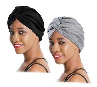 XEPST 2 Pieces Turbans for Women, Soft Pre Tied Knot Turban Head Wraps Chemo Headwear Pleated Beanie Cap Sleep Hat Hair Loss Hat Chemo Cancer Cap for Women Black, Grey