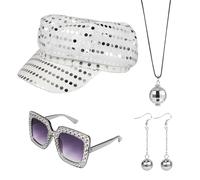 XEPST 4 PCS 1970s Disco Accessories,70s Disco Costume Accessories Set with Sequin Hat Silver Earrings Sunglasses Necklace Fancy Dress Kit for Women Retro 70 80 Theme Party Party Birthday Dance
