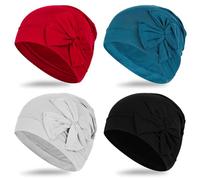 XEPST 4 PCS Cancer Headwear for Women, Flower Design Cancer Hats Soft Turban Beanie Hat Elastic Bonnet Solid Head Coverings Head Wraps Chemo Headwear for Women Patients Chemo Hair Loss Sleep Cap, A