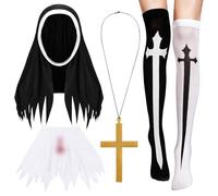 XEPST 4PCS Scary Monastic Style Costume Accessories for Women - Monastic Style Headpiece Collar Necklace Knee High Socks Halloween Costumes for Women Cosplay Carnival Fancy Dress Up Party