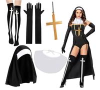 XEPST 5PCS Gothic Costumes Accessory Set, Monastic Style Outfit Accessories with Headpiece, Collar, Gloves, Necklace, Knee Thigh High Socks for Women Halloween Costumes Cosplay Carnival Fancy Dress Up