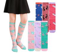 XEPST 6 Pairs Girls Knee High Socks - Colorful Cartoon Animal Design Warm Cotton Mid-Calf Boot Socks for School Odd Socks Day 3-12 Years - One Size