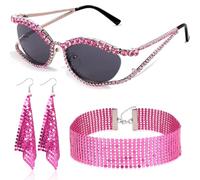 XEPST 70s Women Disco Accessories Disco Costume with Sparkling Cat Eye Sunglasses, Sequins Earrings & Choker Necklace, Glamorous Bling Costume Accessories for Women