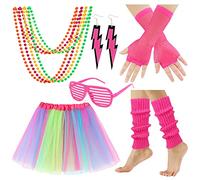 XEPST 80s Fancy Dress Party Costume Accessories Set, 80s Fancy Dress Outfits with Colorful Tutu Skirt Leg Warmer Gloves Neon Necklace Lighting Earring Glasses