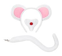 XEPST Animal Mouse Costume Set, Mouse Ears and Tail Set with Rat Ears Headband Nose Rat Tail for Animal Costume Cosplay Birthday Party World Book Day Halloween Fancy Dress Party Supplies, White