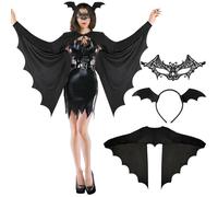 XEPST Bat Costume Women's 3PCS Halloween Accessory Set with Black Wings & Ears Headband Lace Mask