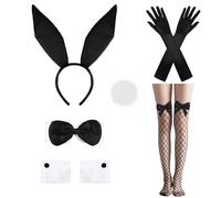 XEPST Bunny Costume Set with Black Bunny Ears and Tail, Bow Tie, Cuffs, Fishnet Stockings, Gloves for Women Halloween Costume Accessories Cosplay Easter Party